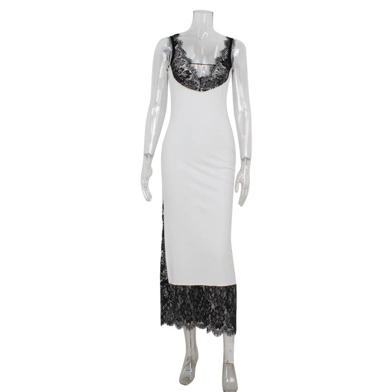 Sleeveless Deep V Plunge Lace StitchingElegant Lady Dress Slim Sheath Dress Long