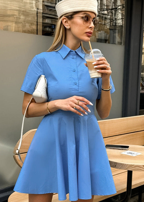 Short Sleeve Button Up Flare Dress