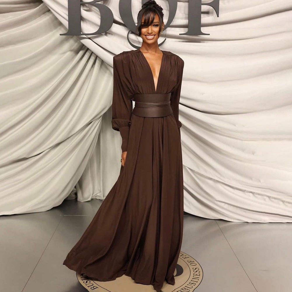 Chocolate Design Waist Seal Pleated Dress Brown Dress