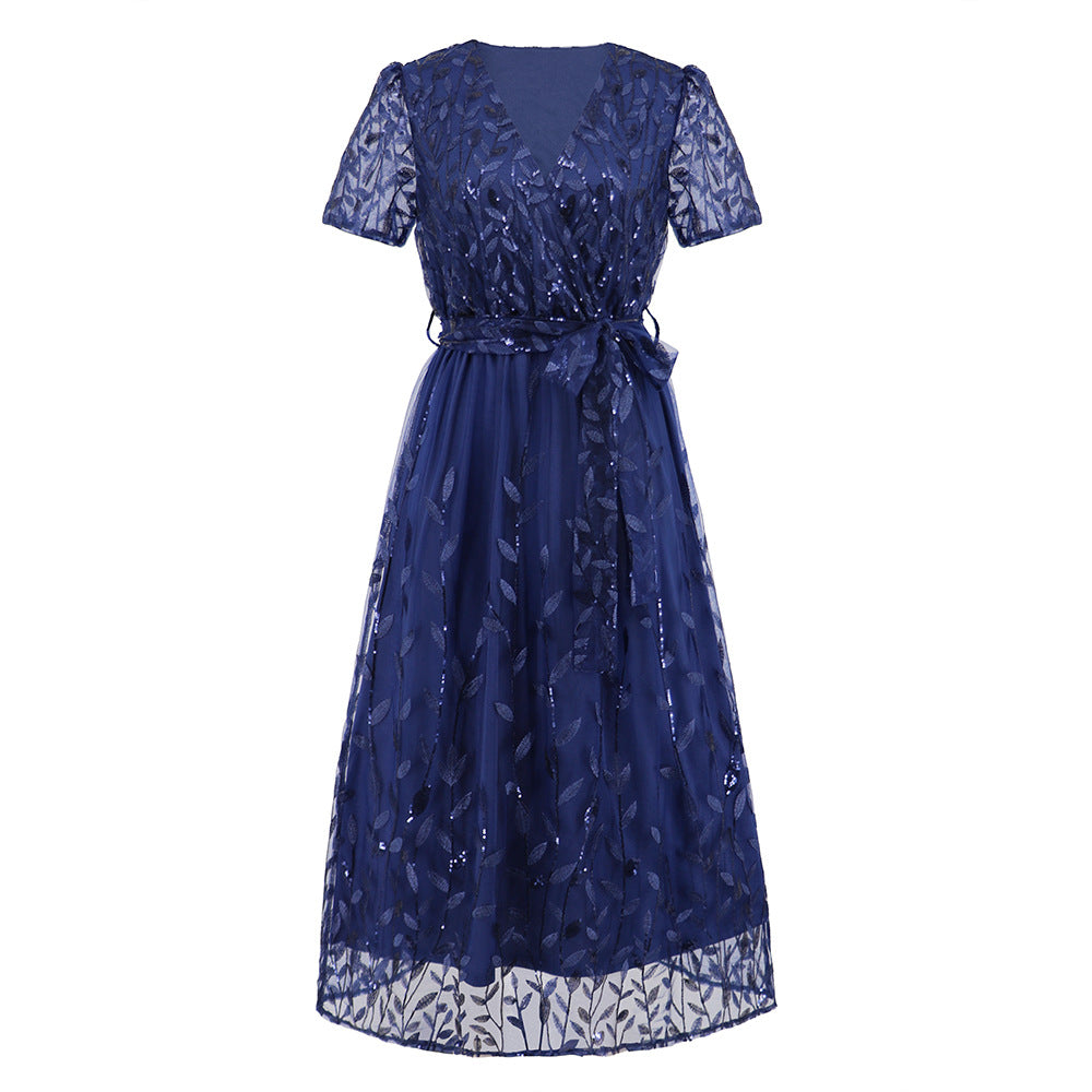 Embroidered Bright Yarn Mesh DressSlim Fit V neck Mid Length Dress