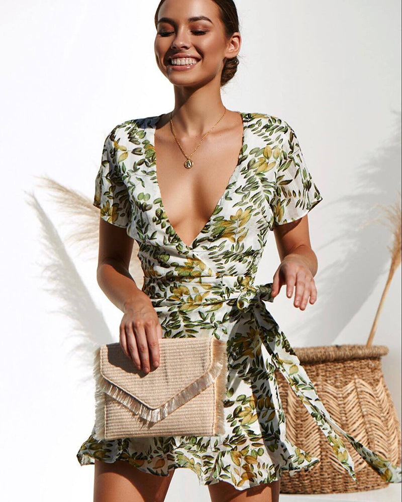 Deep V Neck Short Sleeve Printed Mini Dress