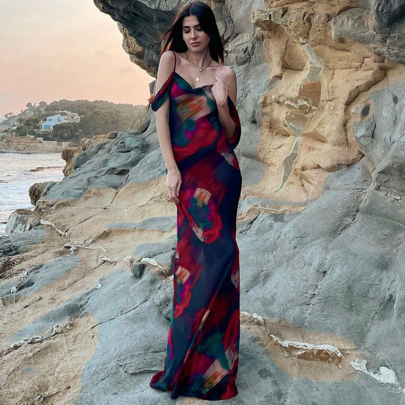 Printed Straps Sleeveless High Waist off Shoulder Elegant Dress for