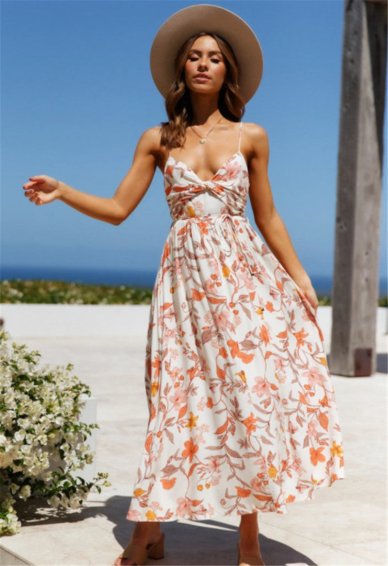 Uzma Floral Smocked Tie Maxi Dress Coral Pink