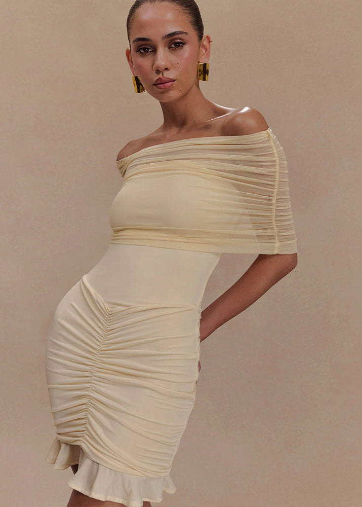 Off Shoulder Mesh Ruched Mini Dress