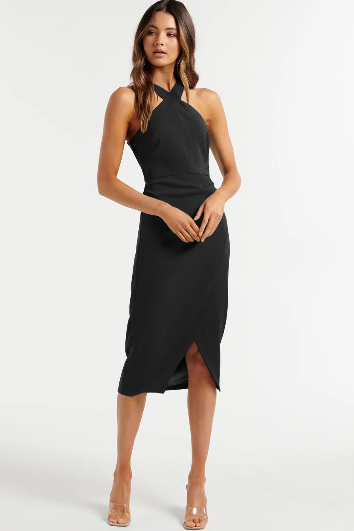 Havyn Satin Asymmetrical Halter Midi Dress Black