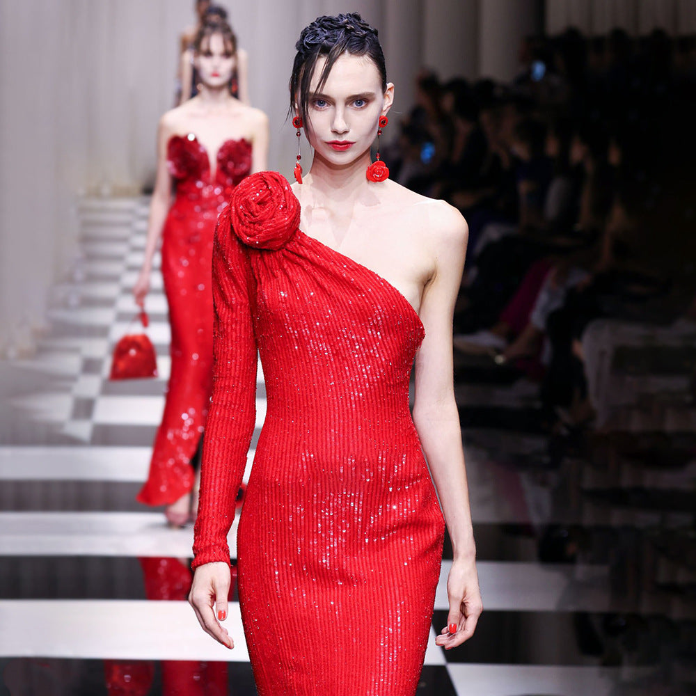 Christmas Red Three Dimensional One Shoulder Floral Sequin Formal Dress Stretch Dress Winter