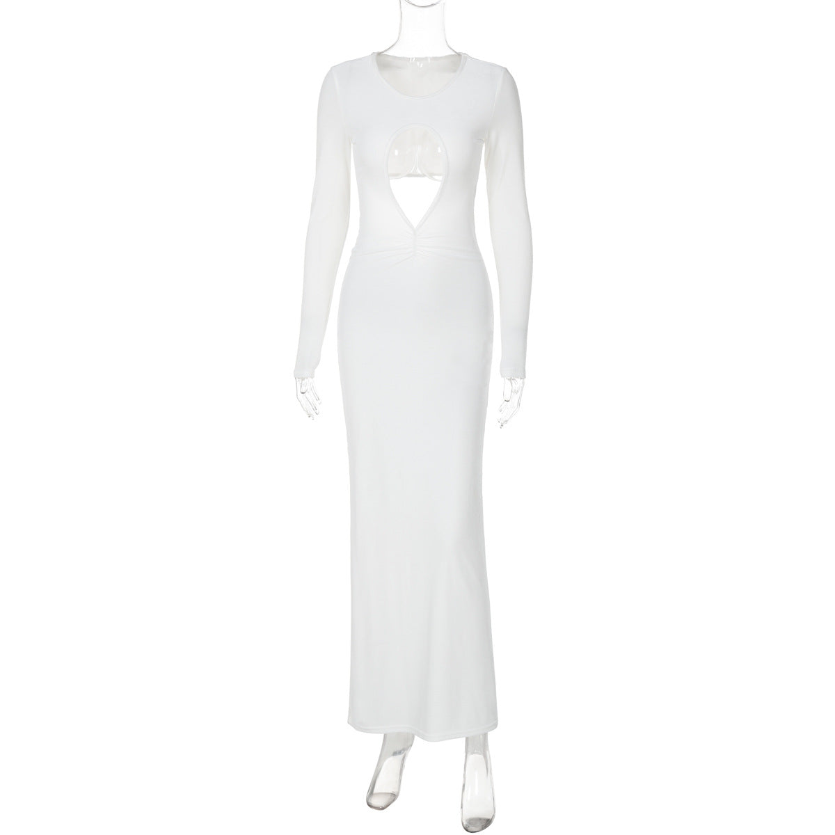 Cutout Slim Pleated Solid Color Long Sleeve Dress
