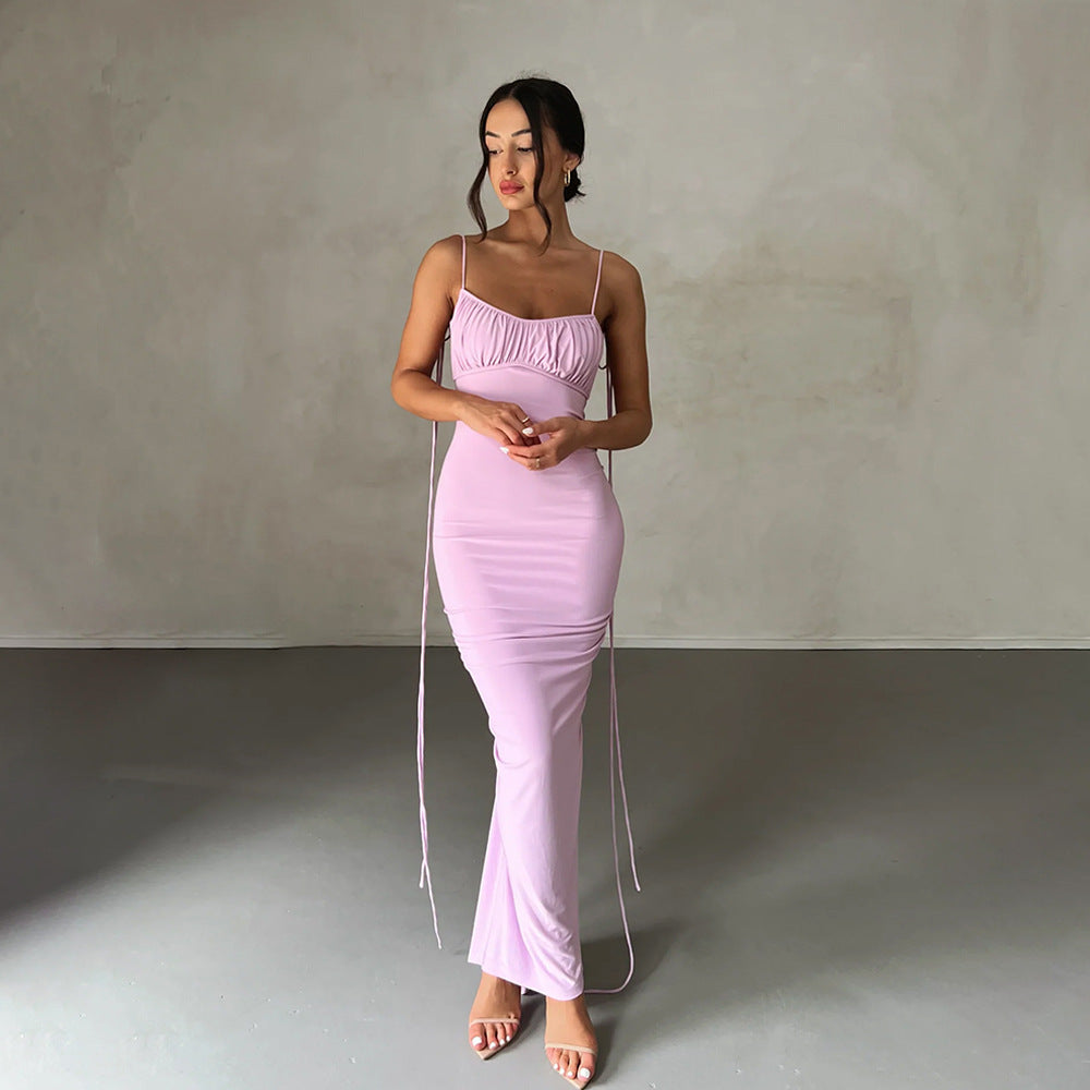 Backless Pleated Dress Evening Dress Sleeveless Strap Dress for