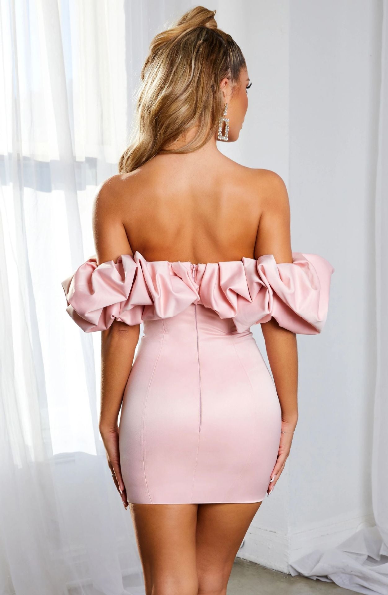 Zari Satin Ruffles Off Shoulder Mini Dress - Pink
