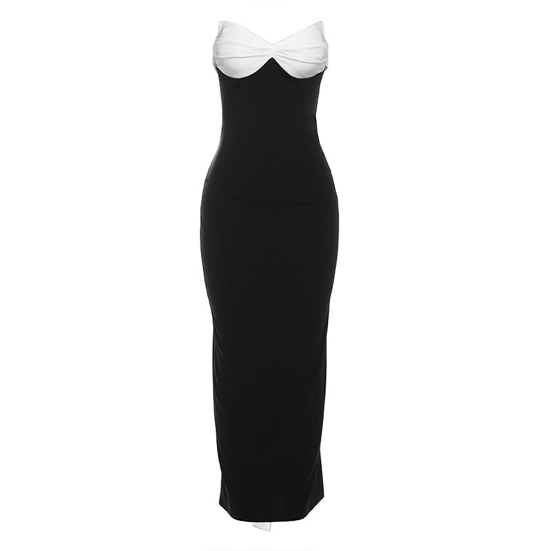 Color Contrast Backless Bow Tube Top Ribbon Dress