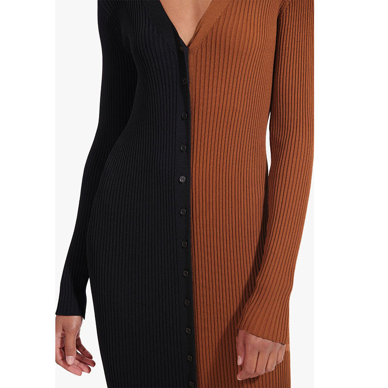 Abril Colorblock Button Front Knit Midi Dress Black Tan