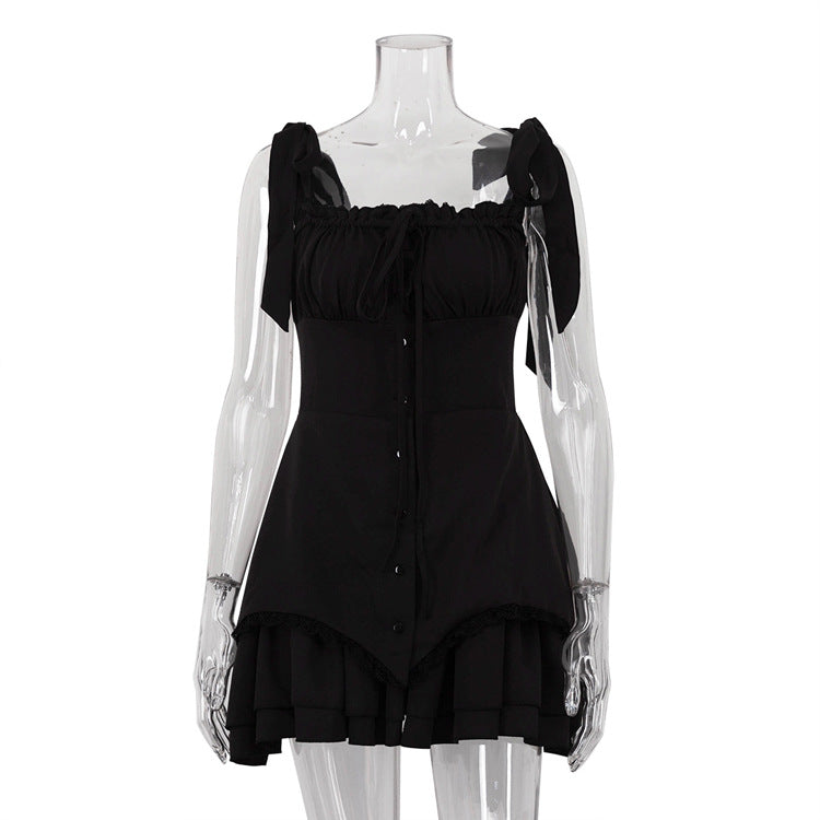 Solid Color Lotus Leaf Dress Tight Braces Stitching