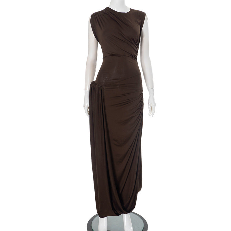Solid Color round Neck Sleeveless Waist Tight Pleated Backless Elegant Dress