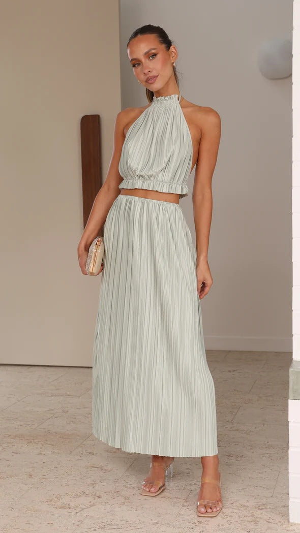 Year Halter Backless Lacing Suit Pleated Dress