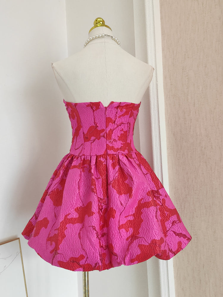 Sexy A line Strapless Satin Pink Floral Vacation Dresses Short Birthday Dress - View 2 | VelvetHem