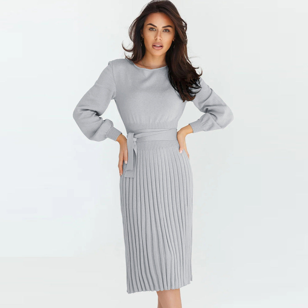 Knitting Dress Slim - Fit Pleated Mid - Length Bottoming Sweater