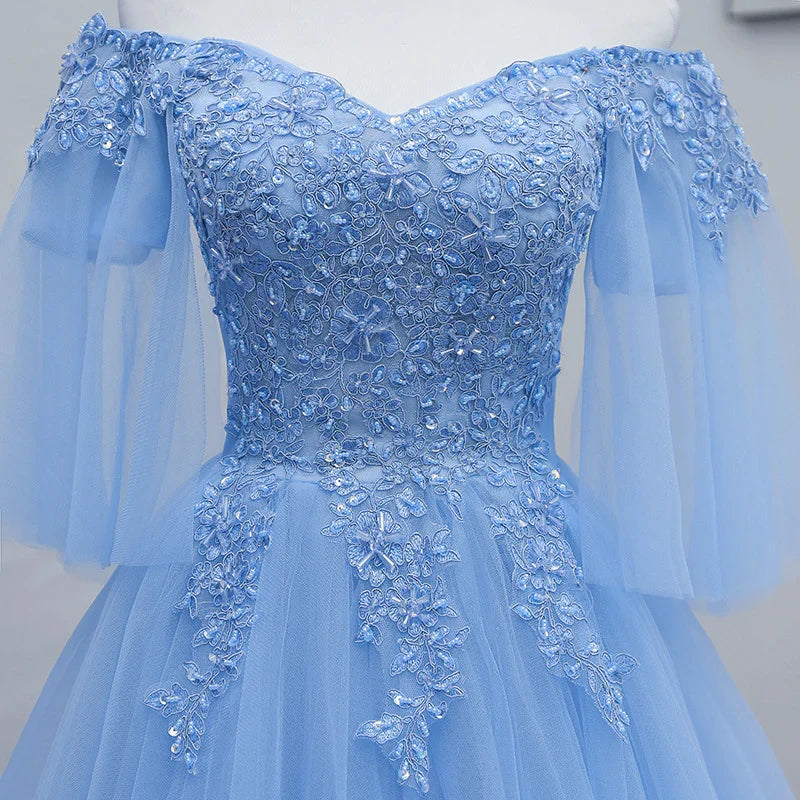 Lovely Light Blue With Lace Off Shoulder Short Prom Dress, Blue Homecoming Dresses
