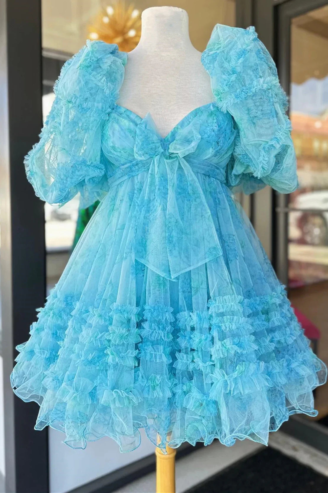 Blue Floral Print Short Baby Doll Homecoming Dress with Balloon Sleeves - View 3 | VelvetHem
