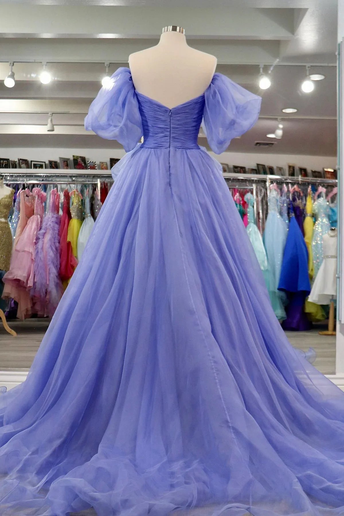 Lavender Tulle A-line Off-Shoulder Puff Sleeves Pleated Long Prom Dress - View 2 | VelvetHem