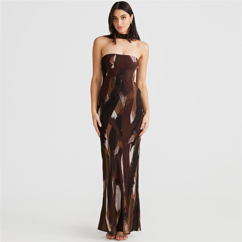 Elegant Tube Top Bare Back Dress Printed Figure Elegant Slim Fit Maxi Dress