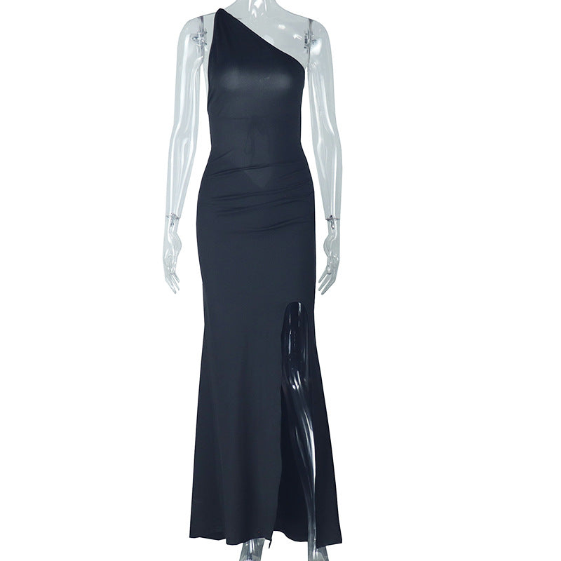 Elegant Backless Lace up Hip Dress Diagonal Collar Pleated Tube Top Solid Color Length Dress