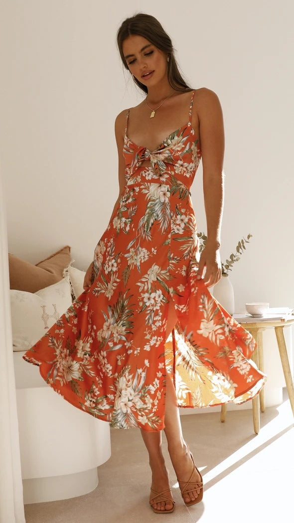 Sundress Small Maxi Floral Print Fresh Sweet Spaghetti Strap Dress