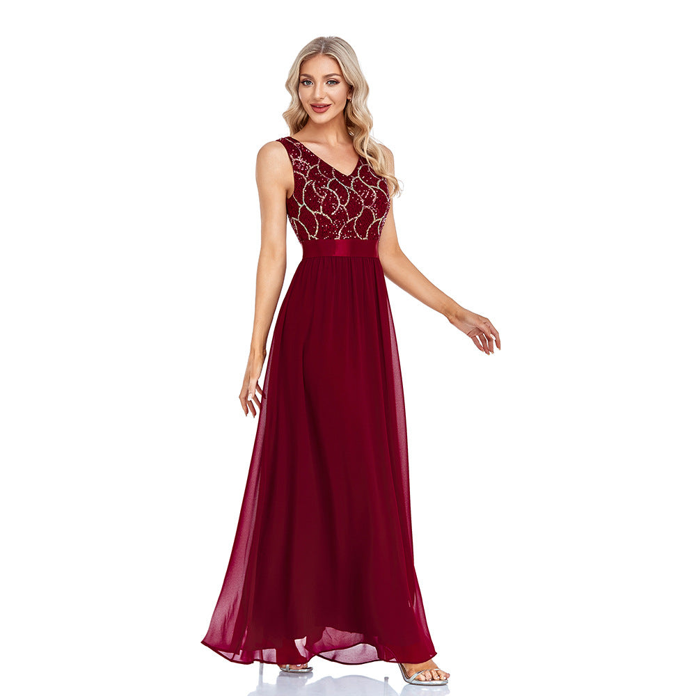 Double V Neck Sleeveless Sequined Chiffon Floor Length A Line Evening Dress Thirteen Party Dress