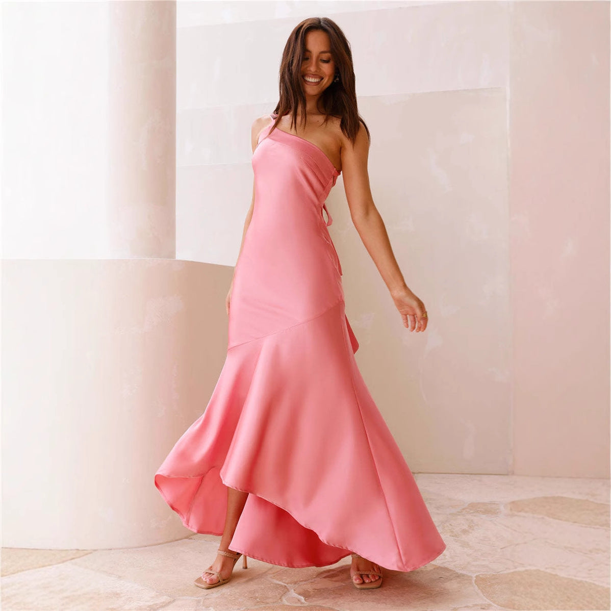 Oblique Shoulder Slim Fit Lace up Backless Fishtail Dress