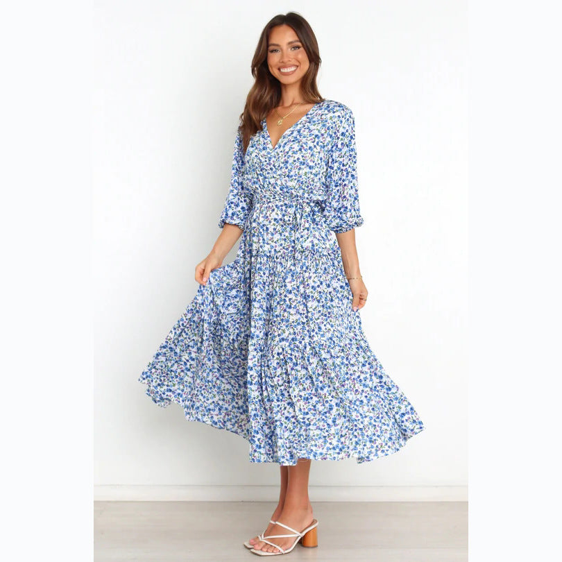 Floral Fresh Sweet Mid - Sleeve V neck Dress