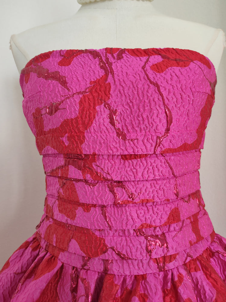 Sexy A line Strapless Satin Pink Floral Vacation Dresses Short Birthday Dress - View 3 | VelvetHem