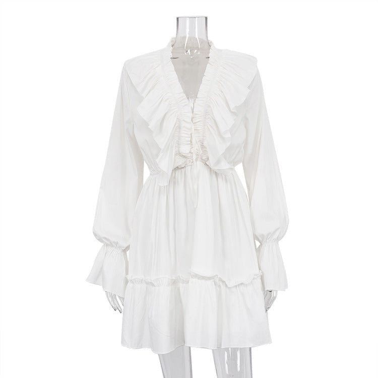 V neck Pleating Bell Sleeve Ruffled White Dress Design Petti dress