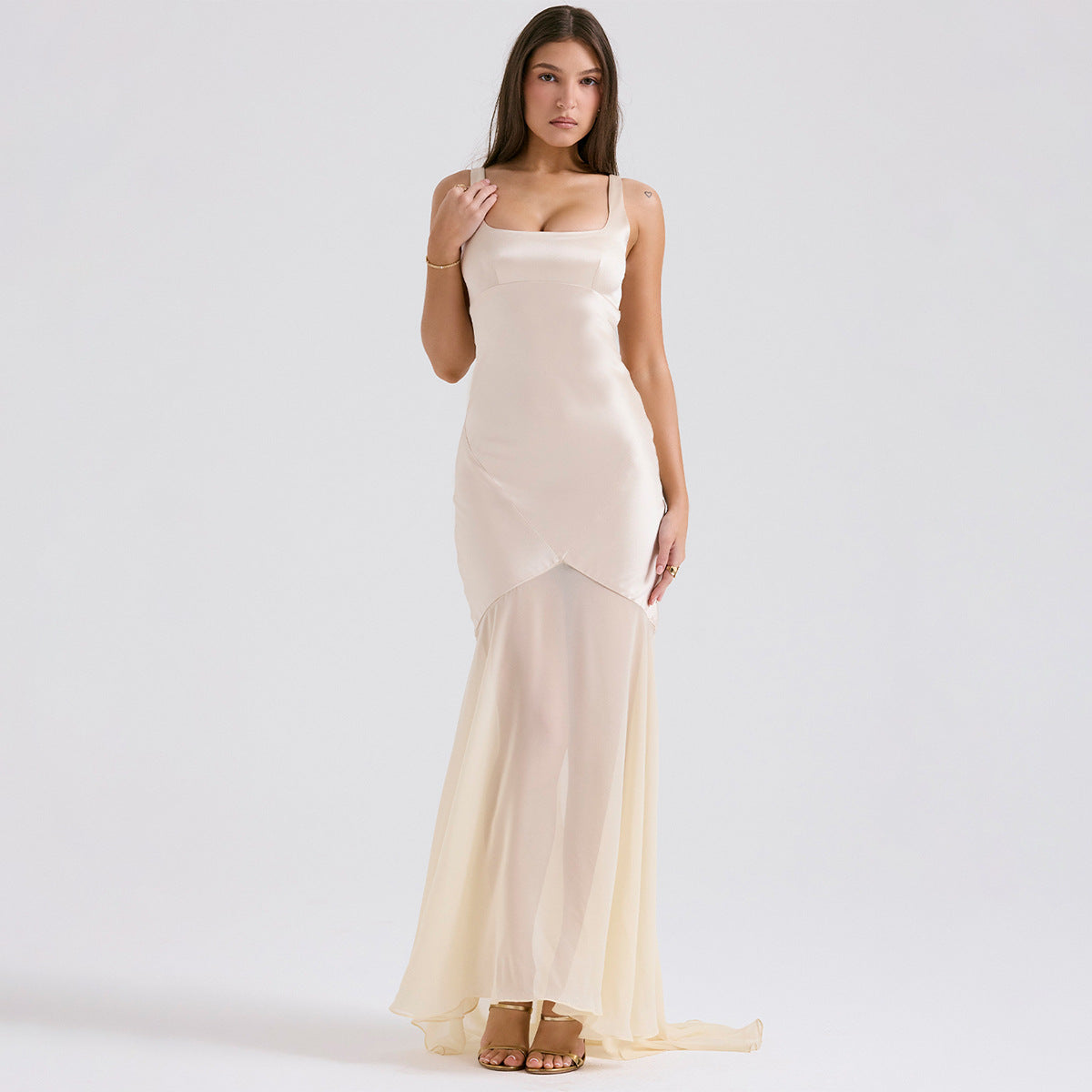 High Grade Satin Chiffon Splicing Sling Sheath Forged Surface Dress Slim Fit Elegant Mop Dress