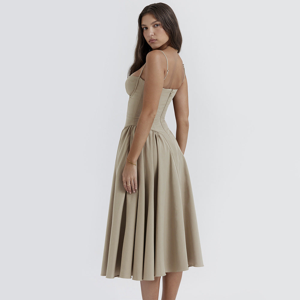 V neck Strap Mid Length Dress Waist Tight Slim Backless Dress for