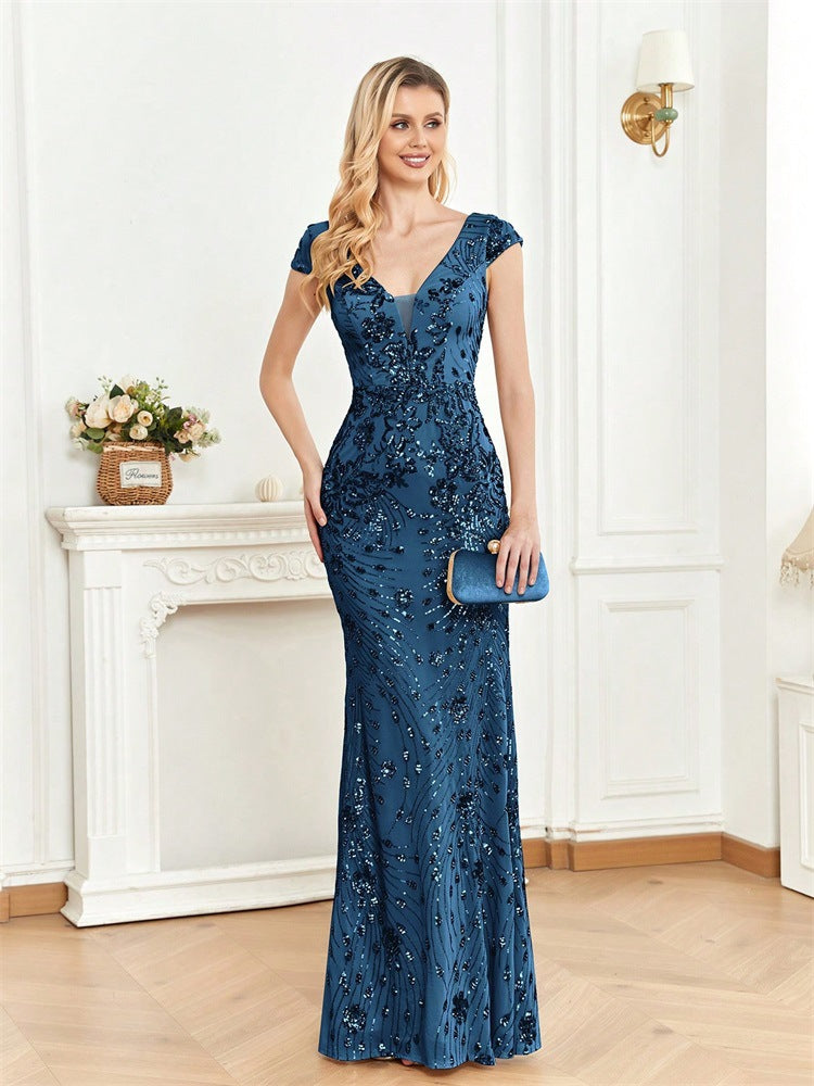 Sequined Champagne Evening Cocktail Slim Fit Fishtail Long Toast Dress