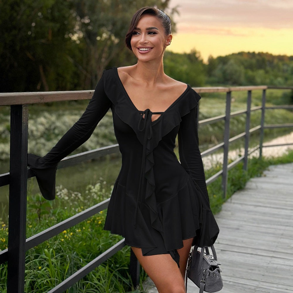 Ruffled Pointed Collar Rope Bell Sleeve Dress
