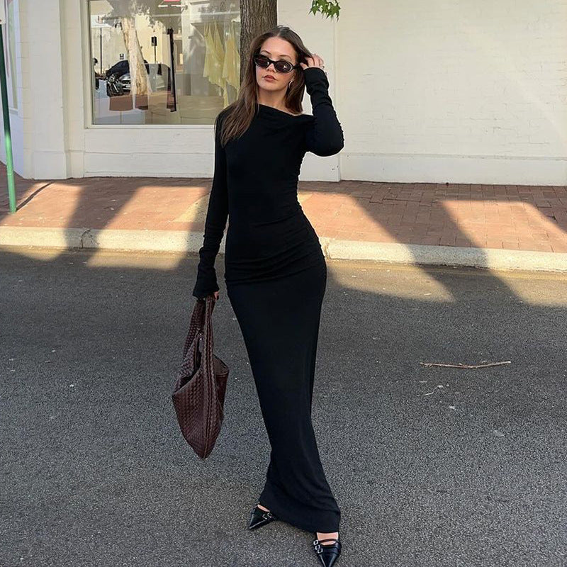 Solid Color Sloping Exposed Shoulder Long Sleeve Office Maxi Dress