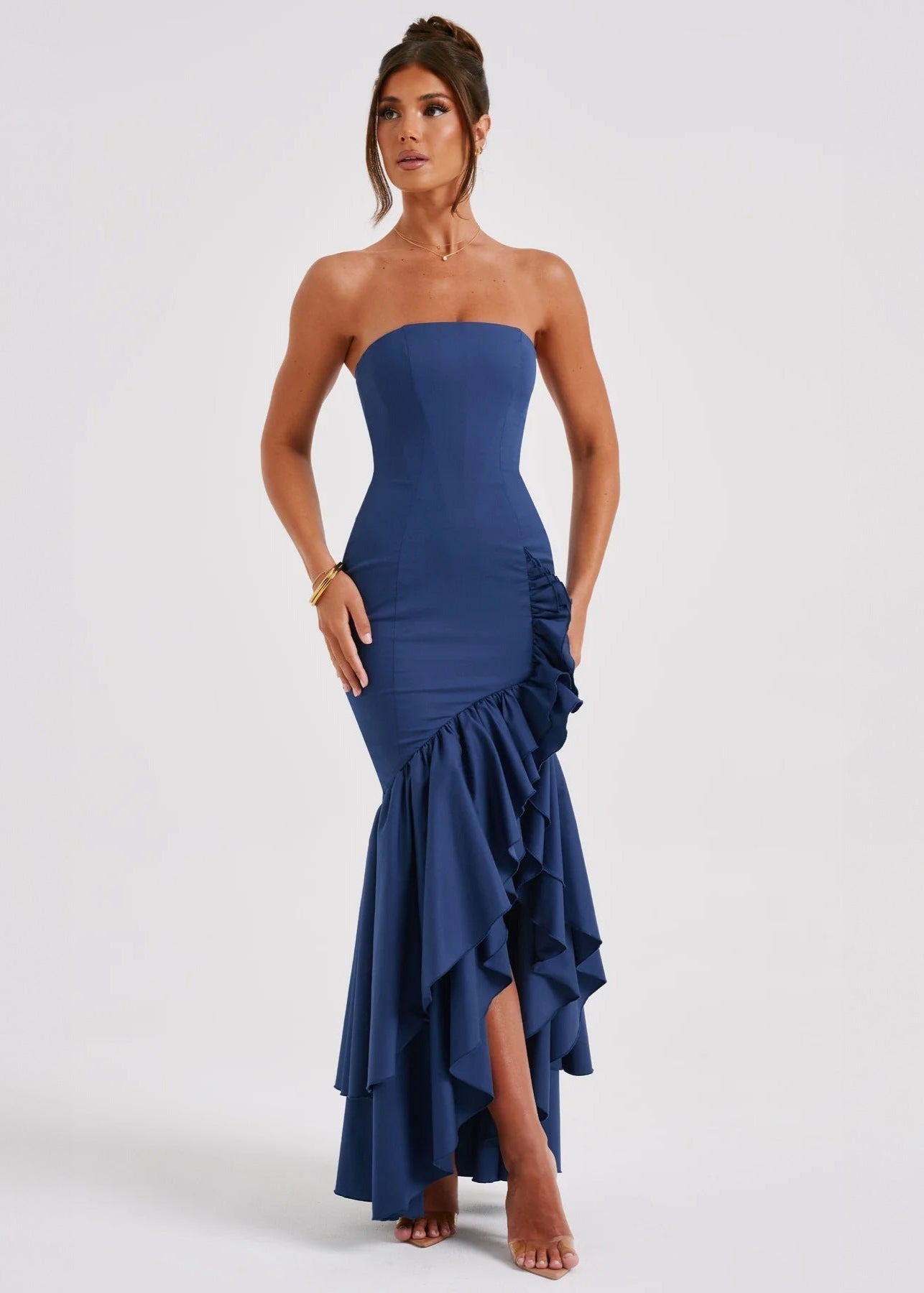 Midnight Cascade Strapless Ruffled Maxi Dress