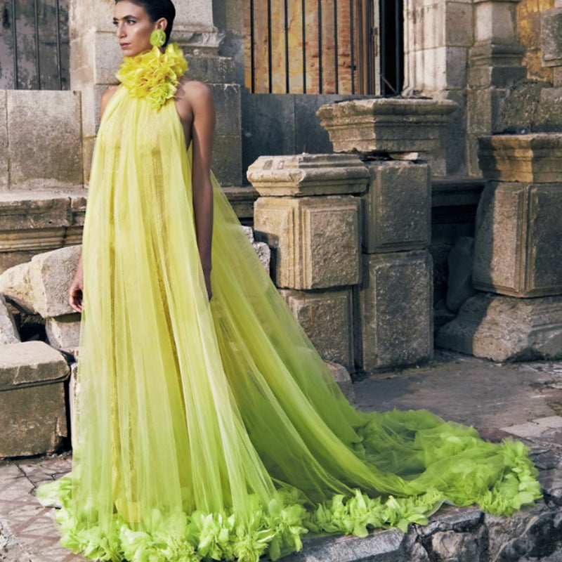 Hanging neck large open-back dress tulle robe maternity dress prom dress bride morning robe private dress - VelvetHem