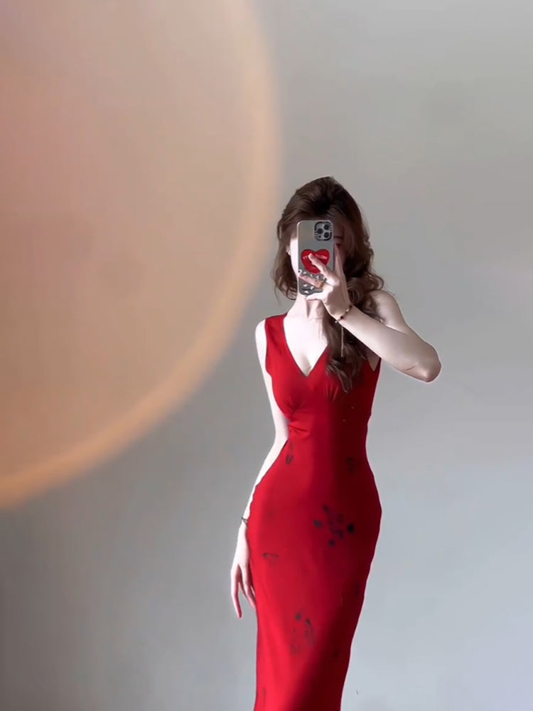 Sexy Mermaid V Neckline Christmas Dress Red Satin Prom Dresses Birthday Outfits