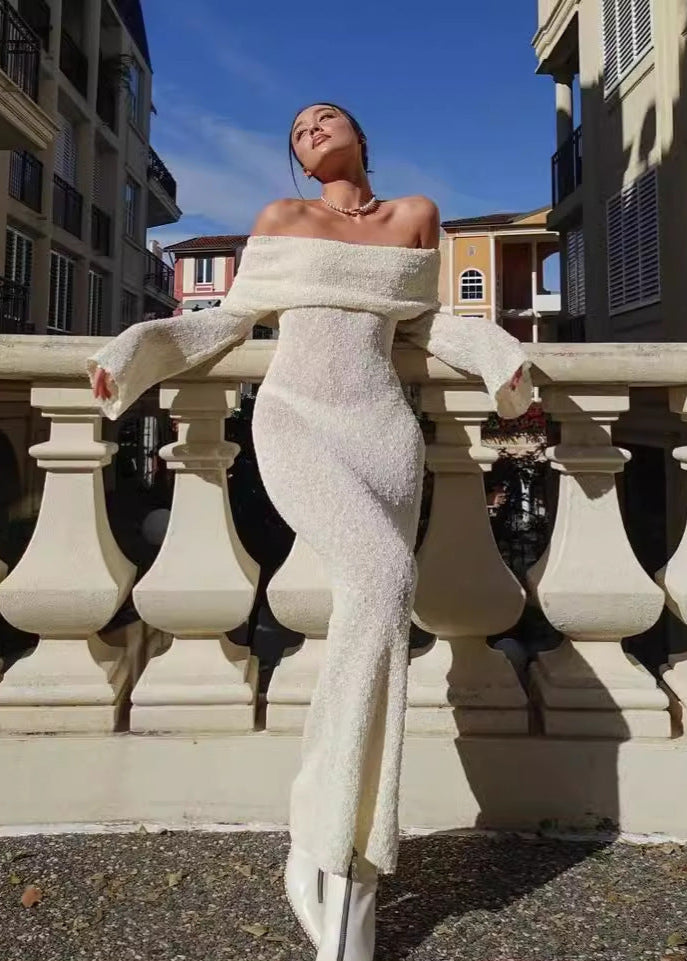 Lumi��re Off Shoulder Shimmer Knit Maxi Dress