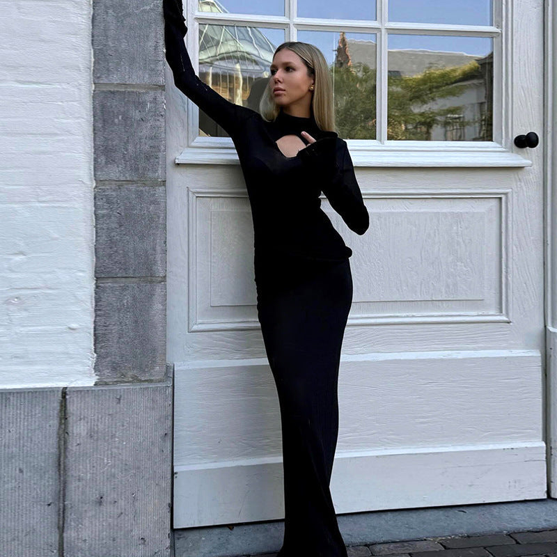 High Collar Hollow Out Cutout Out Knitted Pencil Elegant Slim Fit Maxi Dress