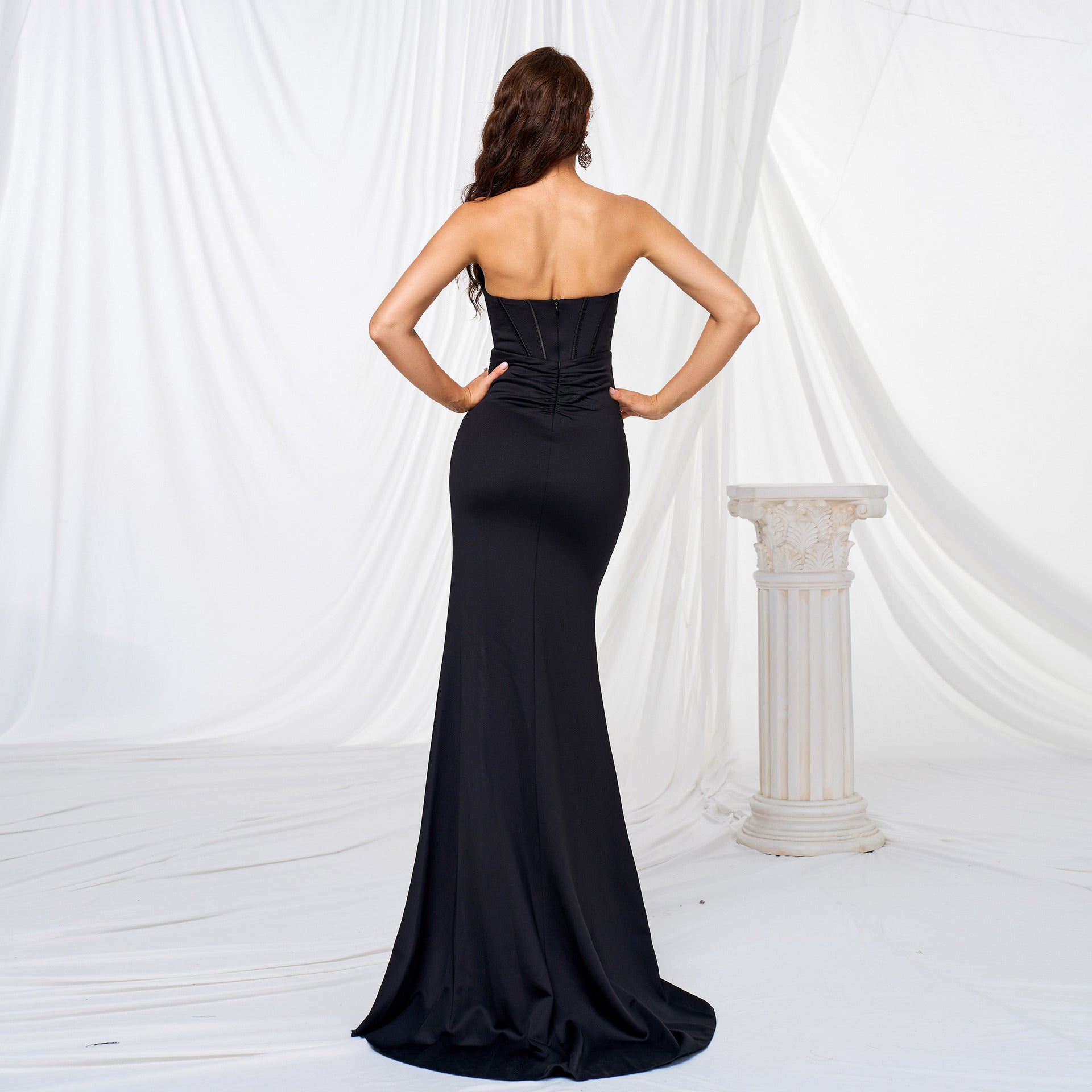 Solid Color Strapless Slit Bodycon Cocktail Dress