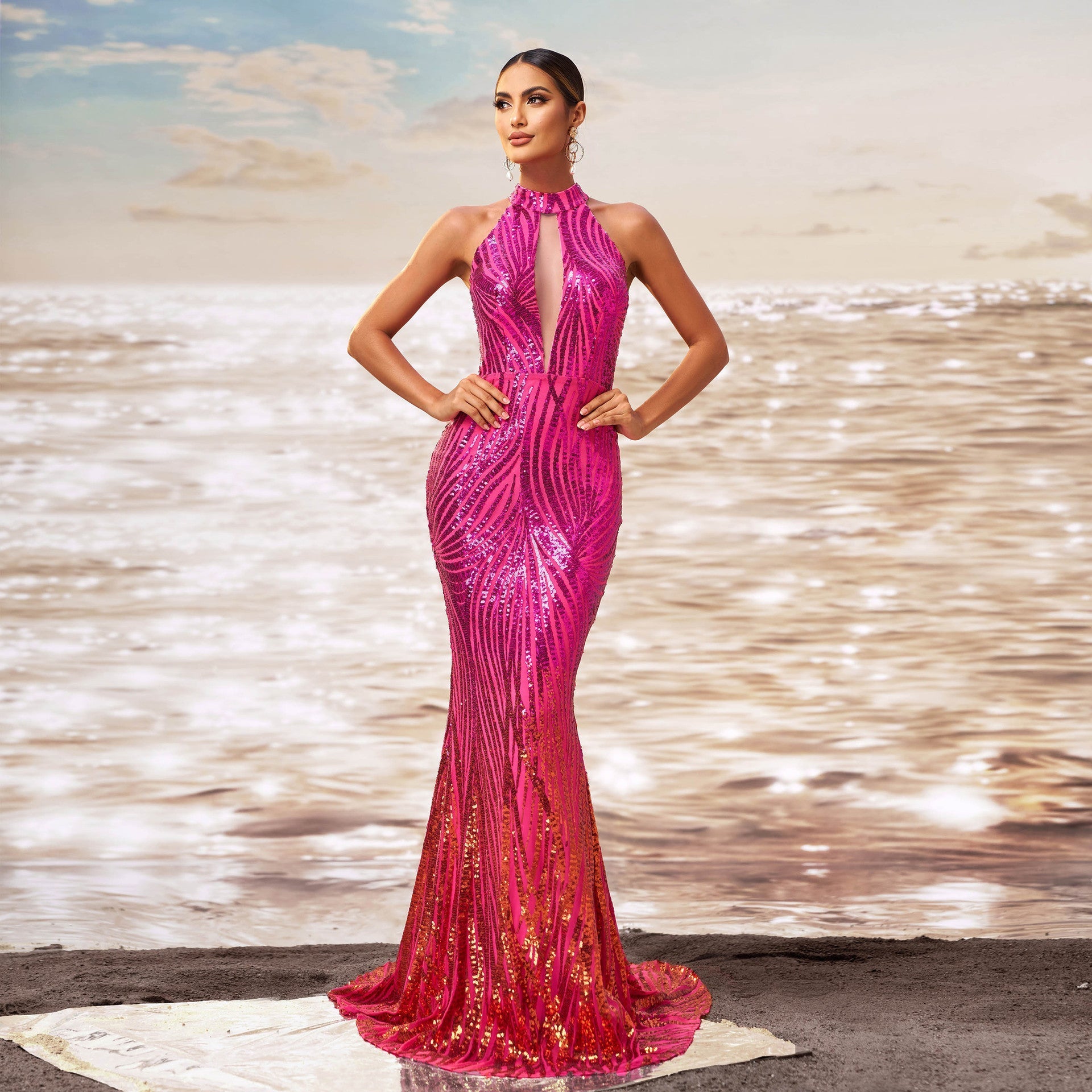 Round Neck Off-Shoulder Slim Fit Hip Sequin Dress
