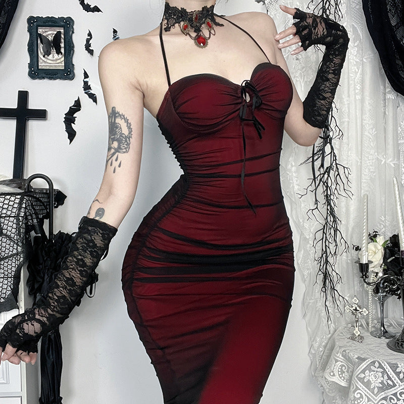 Black and red halter neck mesh dress
