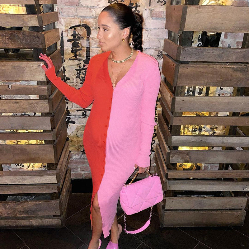 Abril Colorblock Button Front Knit Midi Dress Red Tan
