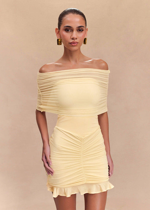 Off Shoulder Mesh Ruched Mini Dress