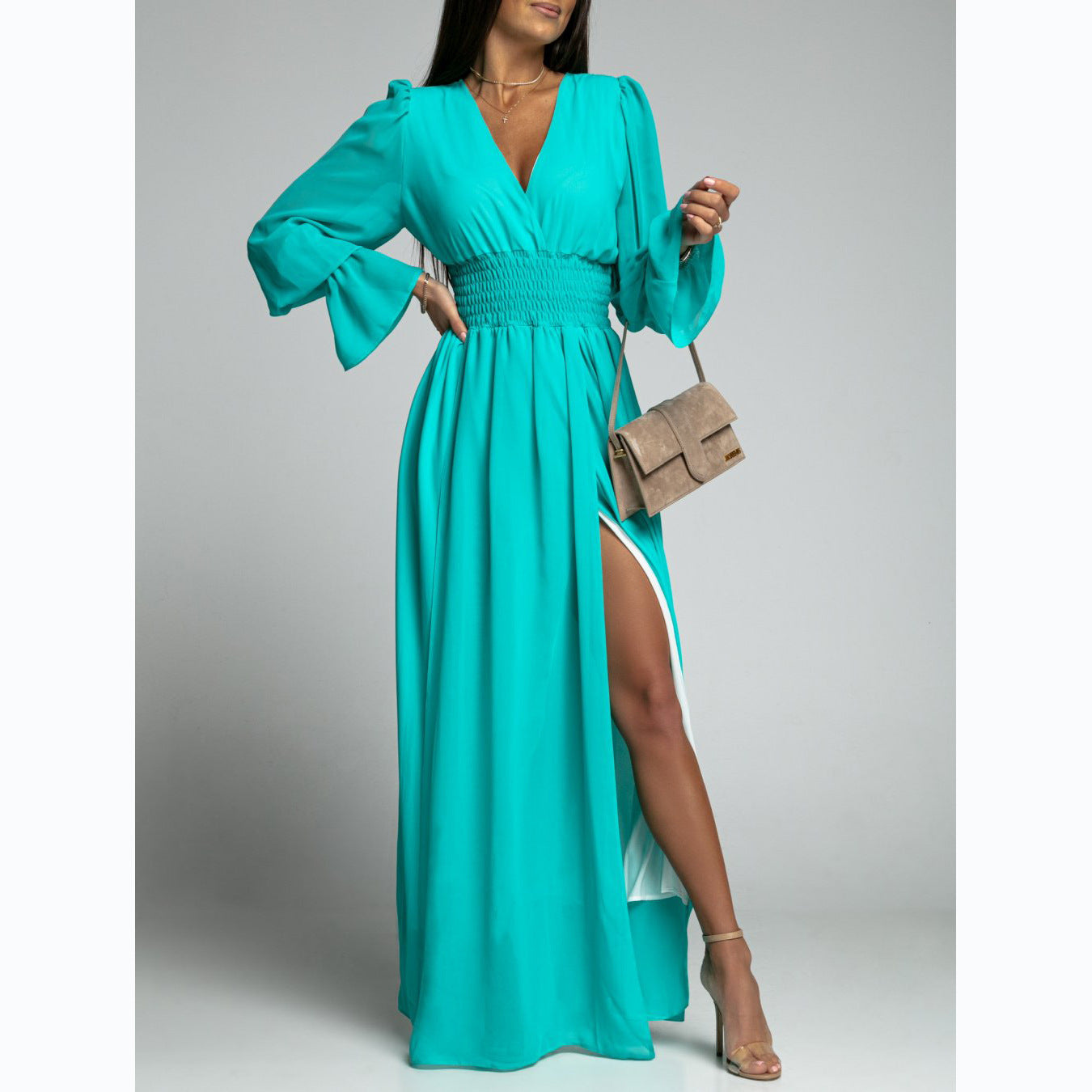 Waist - Tight Petal Sleeve Chiffon Dress