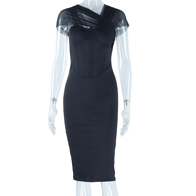 Tight Dress Solid Color Wrapped Chest Stitching Voile Dress Short Sleeve Pullover Street Hip Dress for