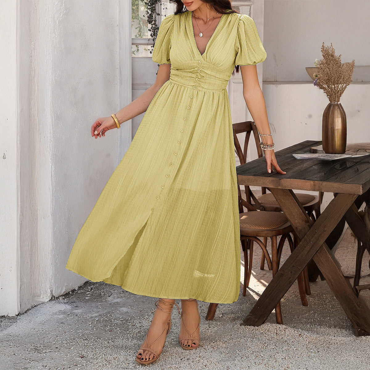 Jade Minimalist Maxi Dress with Puff Sleeves and a V Neckline Evening Wear Edit