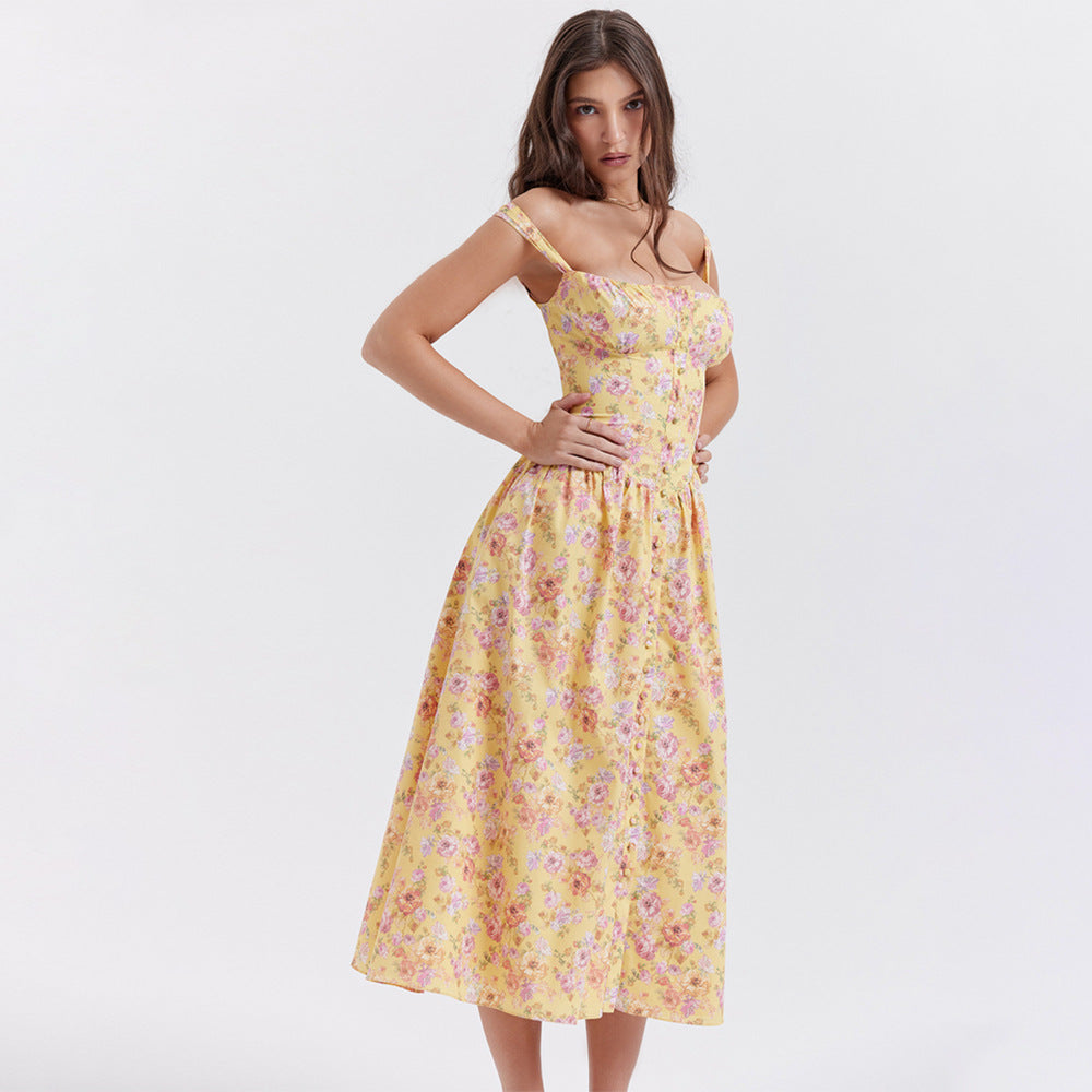 Dress Square Collar Cami Dress Slim Fit Backless Sweet Spicy Wind Floral Dress